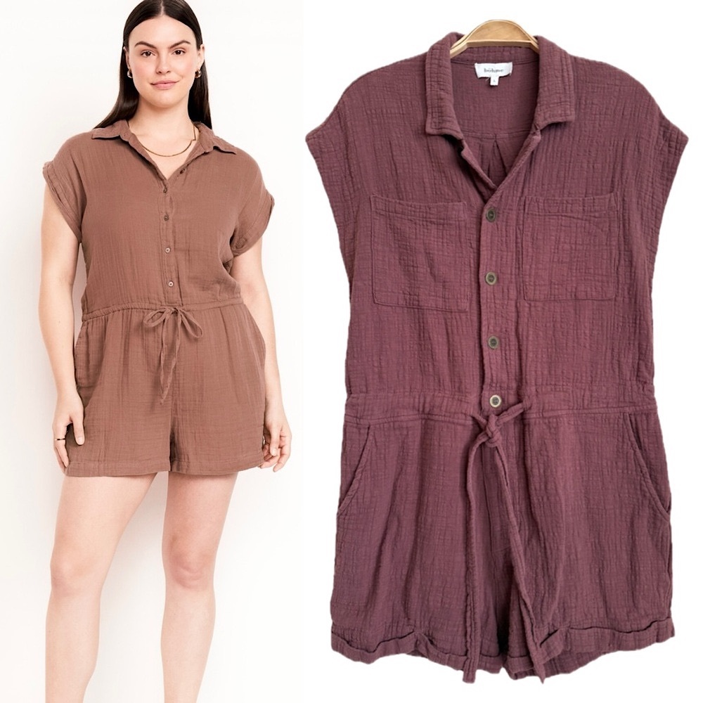 Bohme Gauzy Muslin Cotton Utility Romper in Plum/Raisin | Large